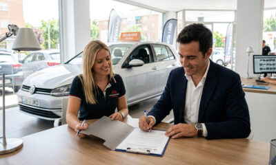 Persona firmando un contrato de compraventa de un vehículo usado en un entorno profesional, reflejando el proceso de compra.
