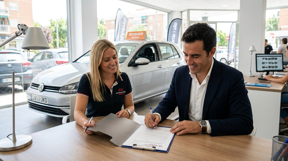 Persona firmando un contrato de compraventa de un vehículo usado en un entorno profesional, reflejando el proceso de compra.