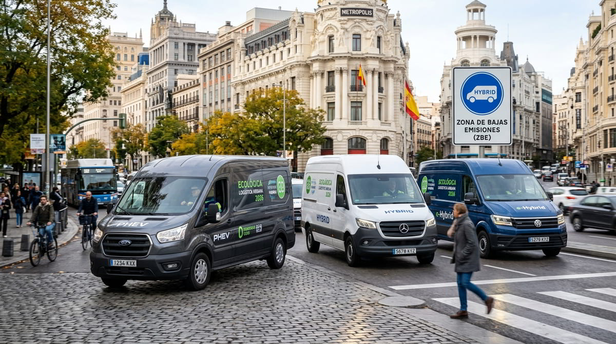 Imagen de furgonetas híbridas operando en un entorno urbano con Zonas de Bajas Emisiones, representando el auge de la movilidad sostenible en España en 2026 y el uso creciente de vehículos comerciales electrificados para reparto y logística.