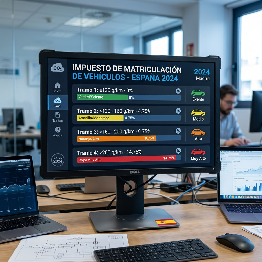 Gráfico explicativo con los tramos del impuesto de matriculación en función de las emisiones CO2 WLTP, mostrando cómo varía el porcentaje según el nivel de contaminación del vehículo.