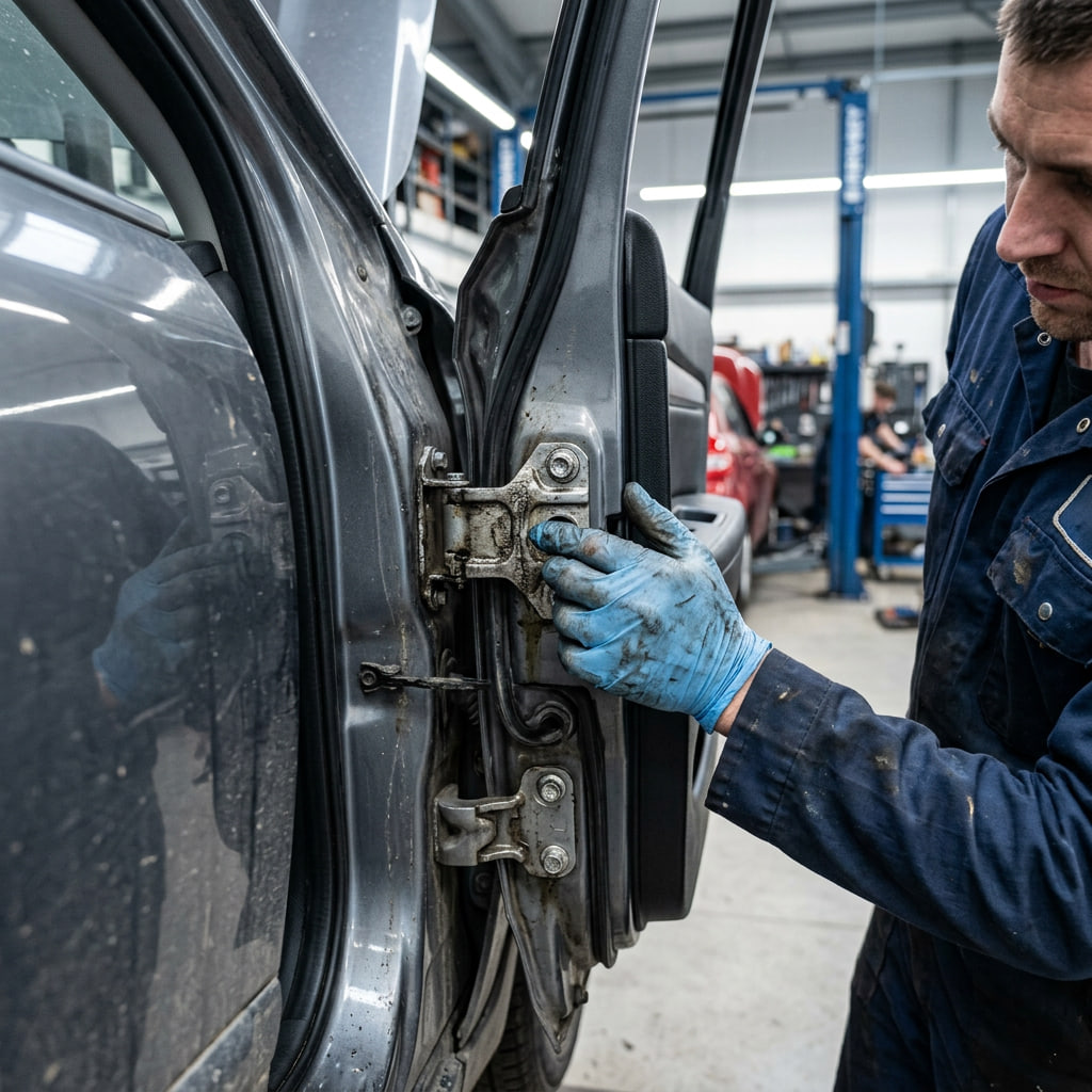 Mecánico revisando bisagras y tornillos de una puerta de coche con marcas de herramienta que pueden indicar reparación previa