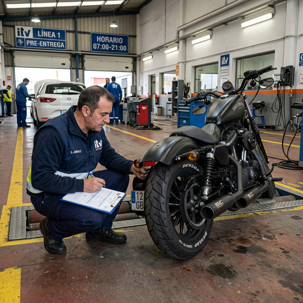Control técnico de una motocicleta durante una inspección ITV para verificar que las modificaciones realizadas están homologadas y cumplen la normativa vigente.