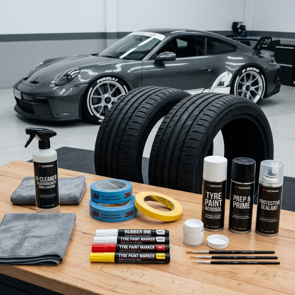 Rotuladores para neumáticos, pintura especial para caucho, cinta de carrocero y productos de limpieza preparados para personalizar neumáticos con seguridad y durabilidad.