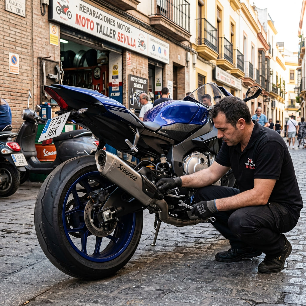 Profesional comprobando una modificación en el sistema de escape de una moto, una de las reformas más habituales dentro del tuning que requiere homologación para circular legalmente.