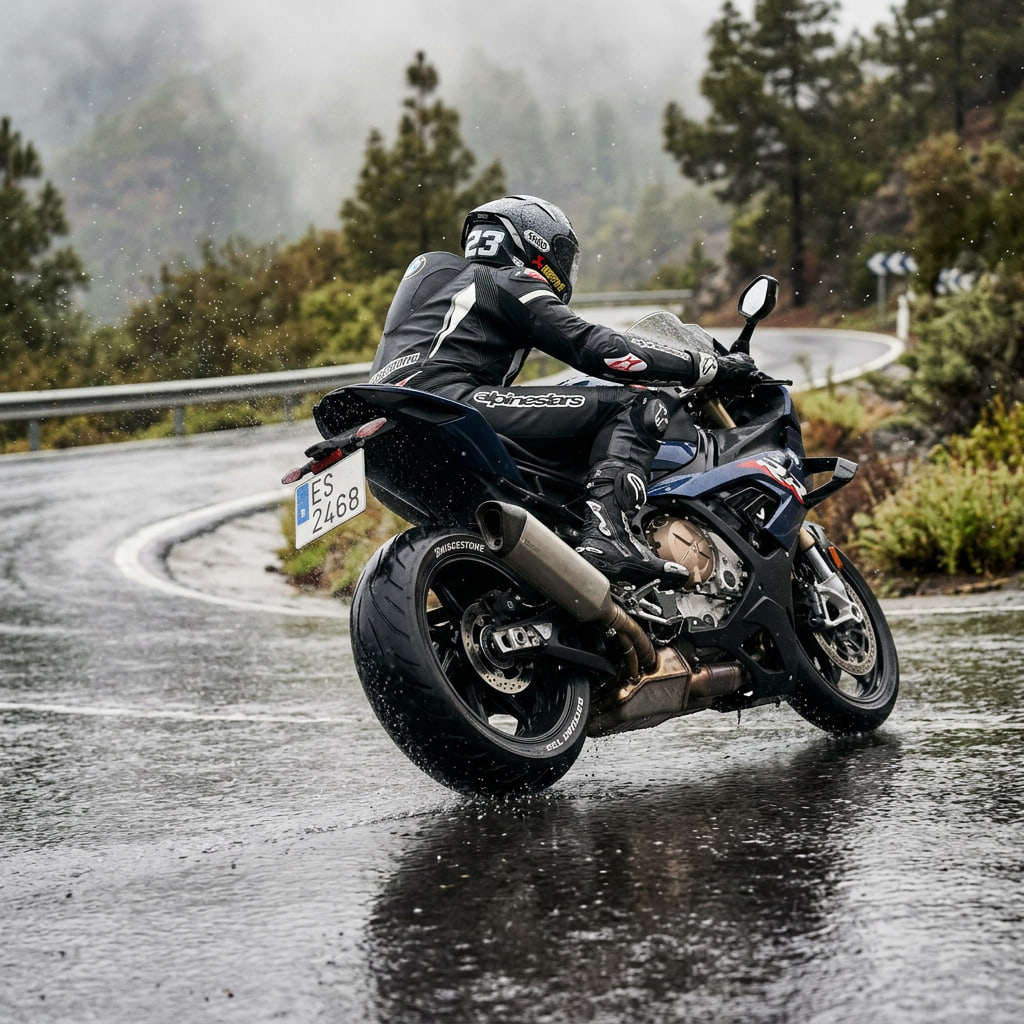 Fotografía hiperrealista de motocicleta en curva bajo lluvia, mostrando el dibujo del neumático y el comportamiento del agua en el asfalto con estilo publicitario.