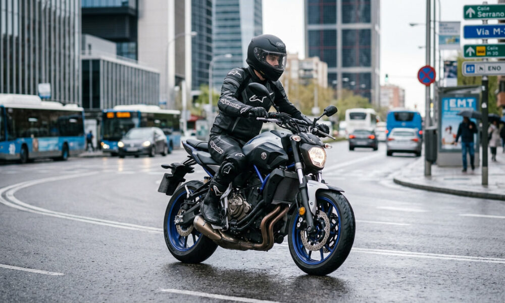 Imagen hiperrealista de un motorista con equipación completa conduciendo una motocicleta de media cilindrada en entorno urbano español, con asfalto húmedo y estilo editorial de revista del motor.