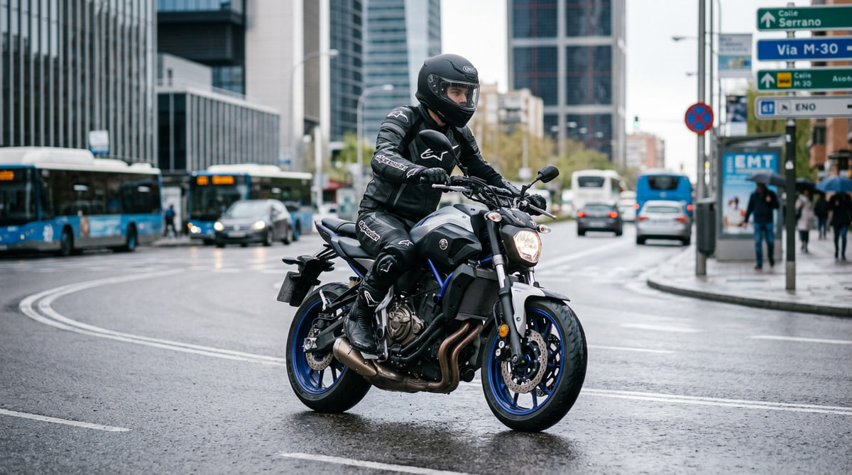 Imagen hiperrealista de un motorista con equipación completa conduciendo una motocicleta de media cilindrada en entorno urbano español, con asfalto húmedo y estilo editorial de revista del motor.