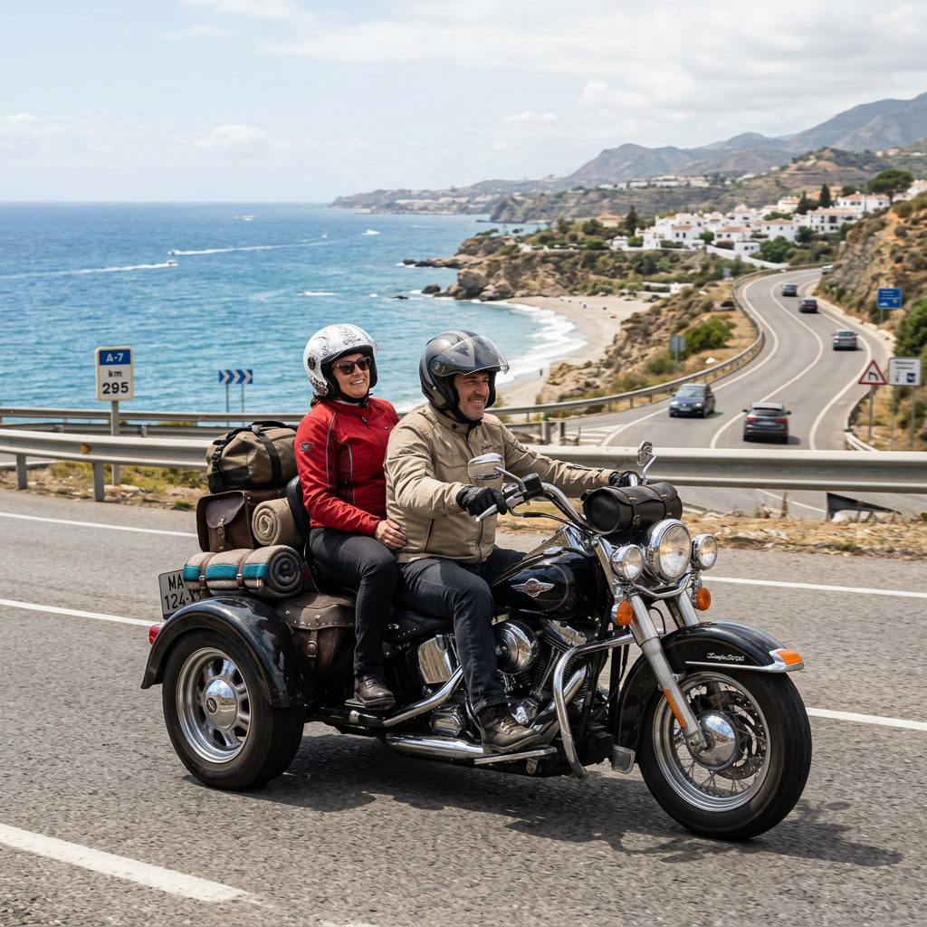 Una pareja recorre una carretera costera de Málaga a bordo de un trike clásico con equipaje, disfrutando de una conducción cómoda junto al mar Mediterráneo.