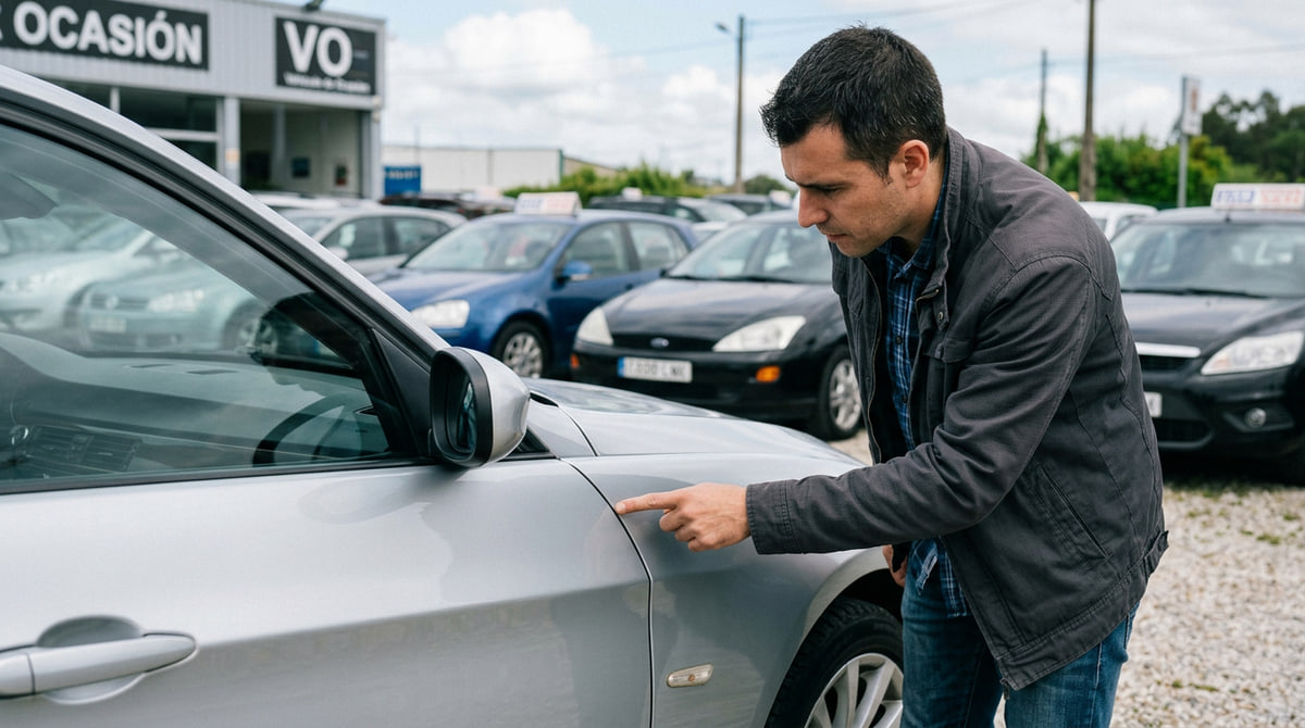 Comprador revisando la carrocería de un vehículo usado en busca de diferencias en paneles y alineación durante una inspección visual.