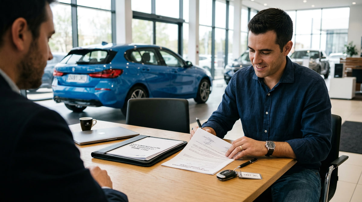 Escena de preparación de documentación necesaria para vender un coche de segunda mano de forma ordenada y profesional.