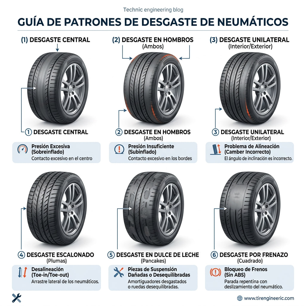 Imagen tipo infografía mostrando los distintos patrones de desgaste irregular en neumáticos, sus causas y soluciones recomendadas para mejorar la seguridad y el mantenimiento del vehículo.