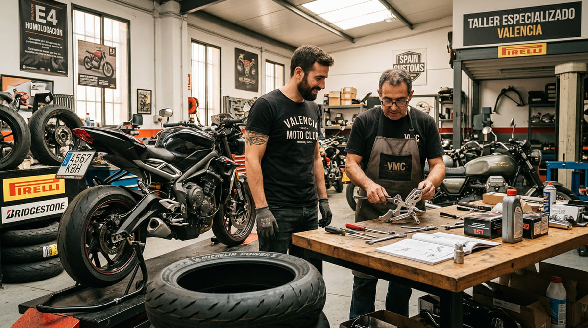 Técnico revisando una motocicleta modificada para garantizar el correcto funcionamiento de sus componentes y el buen estado de los neumáticos tras las reformas realizadas
