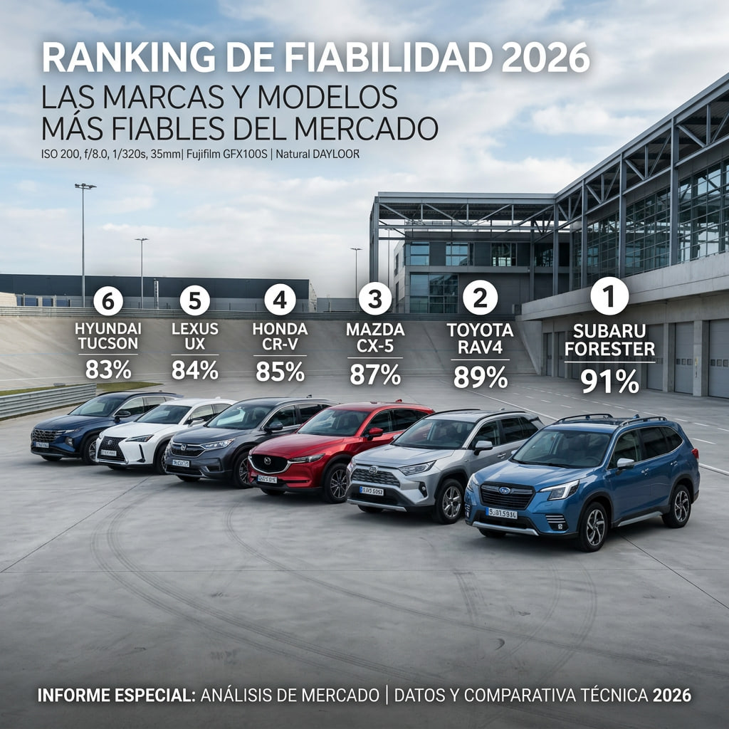 Representación visual de una comparativa de vehículos fiables en 2026 según estudios de fiabilidad.